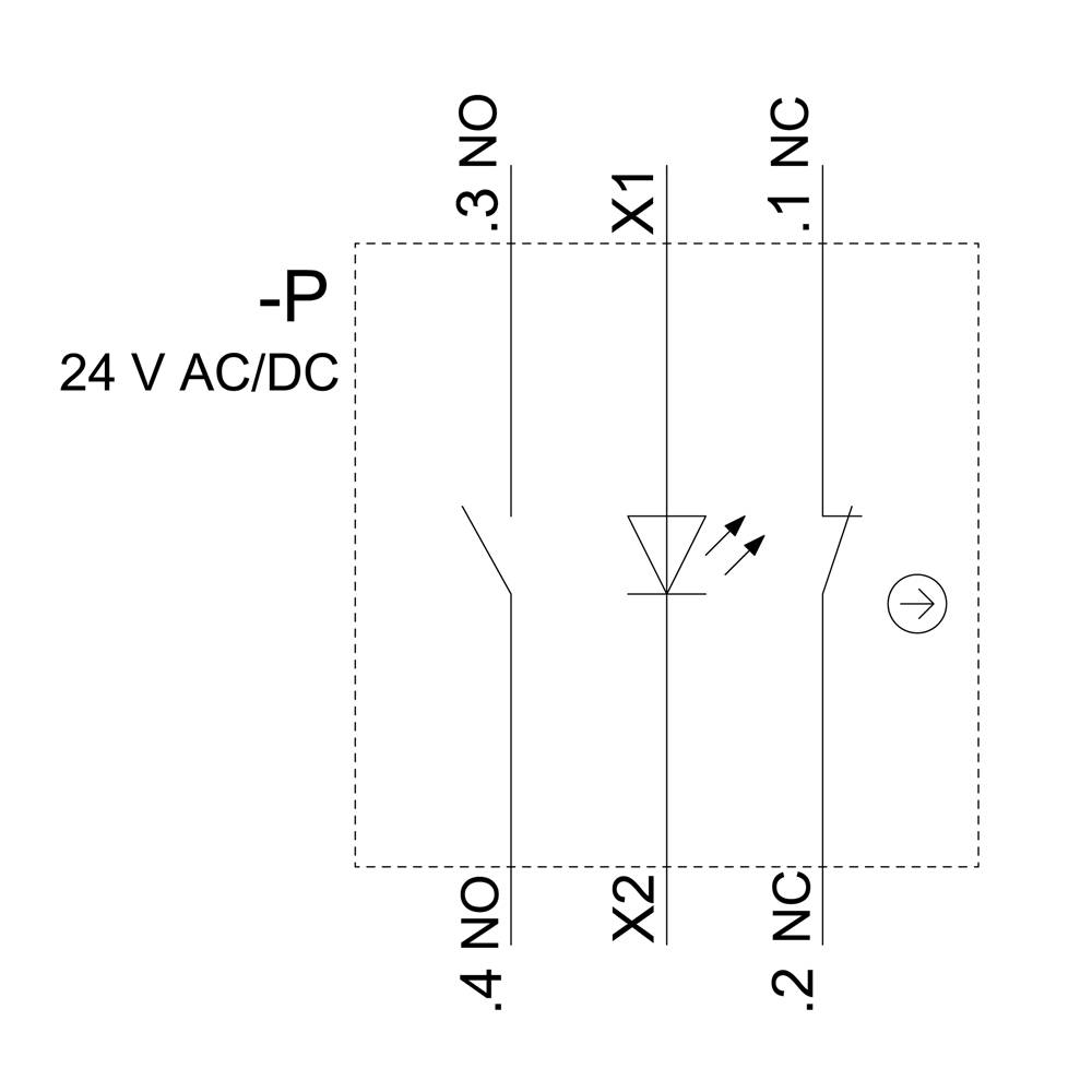Schaltsymbol für Relais mit LED. Spannung: 24 V AC/DC. Kontakte: 3 NO, 4 NO, 1 NC, 2 NC.