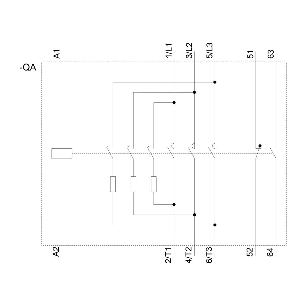 Schaltplan eines elektrischen Systems mit sechs Schaltern (1L1, 3L2, 5L3) und Verbindungen zu Komponenten A1, A2, 51, 52, 63, 64.