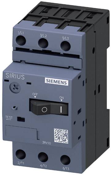'Siemens SIRIUS'-Schalter mit Ein/Aus-Schalter und QR-Code vorne, Modell 3RV10, elektrische Sicherung für Leistungssteuerung.