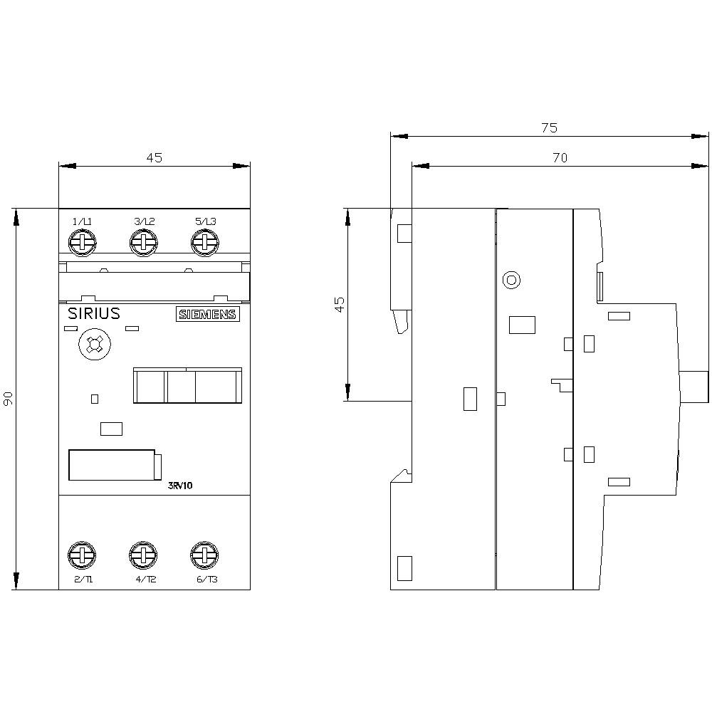 Technische Zeichnung eines elektrischen Schalters mit Maßen: Breite 45 mm, Höhe 90 mm, Tiefe 75/70/45 mm. Markierungen für Anschlüsse und Bauteile sichtbar.