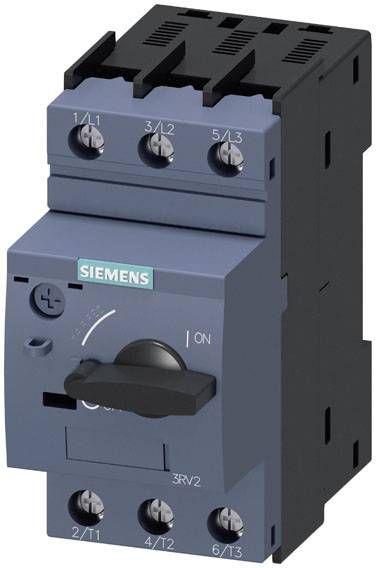 Ein Leistungsschalter von Siemens in einer Seitenansicht, zeigt die Vorderseite mit Schalter, Markenlogo und elektrischen Anschlüssen.