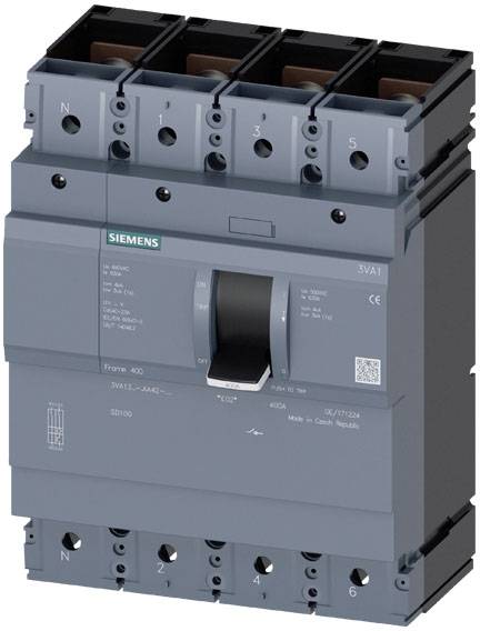 Ein grauer Siemens-Schutzschalter mit einem Hebel in der Mitte. Oben sind fünf nummerierte Klemmen sichtbar, darunter technische Details.
