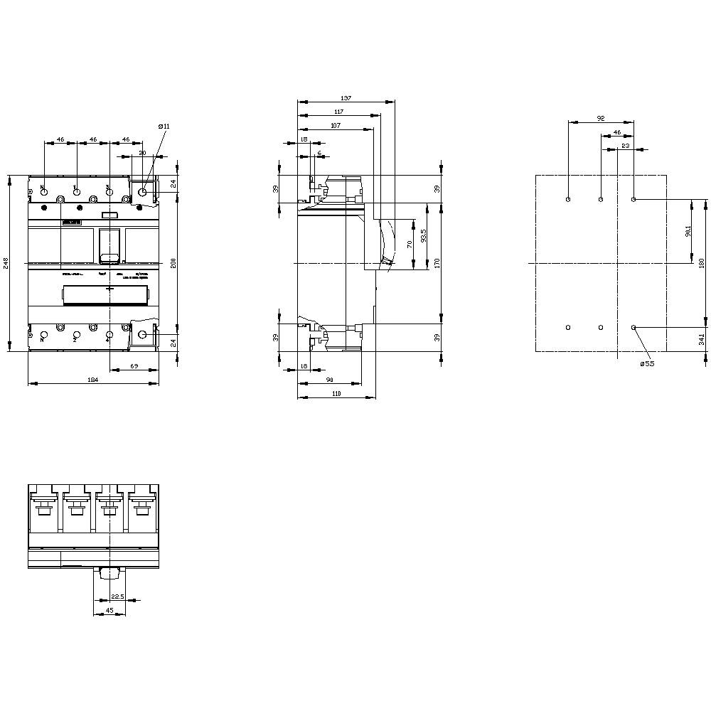 Technische Zeichnung eines elektrischen Schalters mit Abmessungen und Seitenansichten. Enthält detaillierte Maße und Layout.