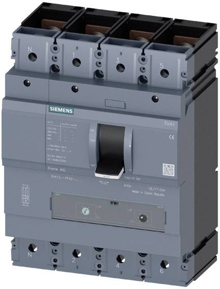 Ein grauer elektrischer Schalter von Siemens mit mehreren Anschlüssen und Beschriftungen für technisches Equipment.
