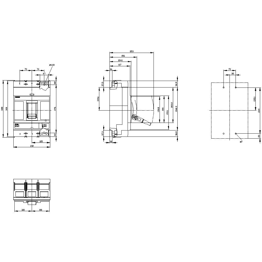 Technische Zeichnung eines mechanischen Bauteils mit mehreren Ansichten: Vorderansicht, Seitenansicht, Draufsicht. Maßangaben und technische Details vorhanden.