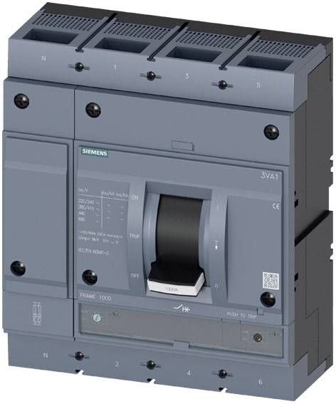 Ein grauer Leistungsschalter von Siemens, Modell 3VA1, mit Schalter und Beschriftungen sichtbar auf der Vorderseite, dient zur Überstromabschaltung in elektrischen Anlagen.