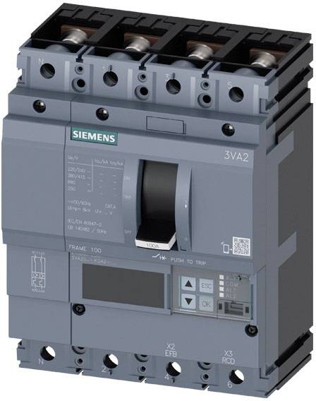 Ein elektrischer Schutzschalter von Siemens, Modell 3VA2, in einem Schwarz- und Grauton. Oberhalb ist eine grüne Siemens-Plakette sichtbar.