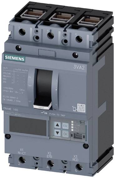 Ein Leistungsschalter der Marke Siemens, Modell 3VA2, mit Anzeige für elektrische Parameter, Schalterstellung und Beschriftungen.