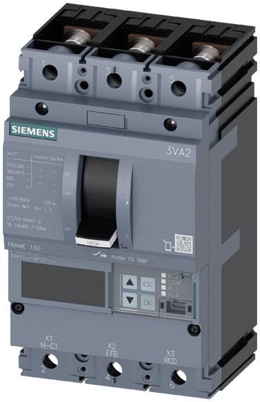 Ein grauer Leistungsschalter mit der Aufschrift 'Siemens 3VA2', technische Details aufgedruckt.
