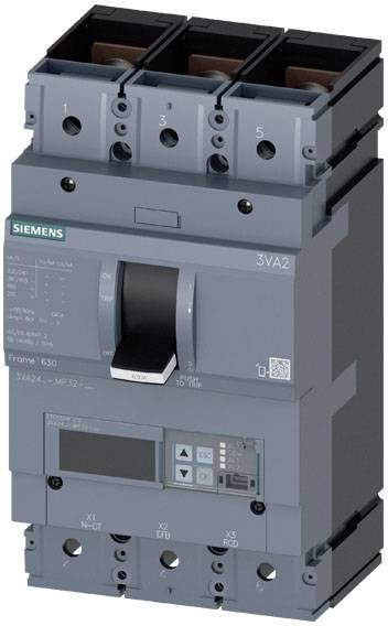 Ein dreipoliger Leistungsschalter der Marke Siemens, Modell 3VA2. Enthält mehrere Schalter und Anzeigen für elektrische Steuerung.