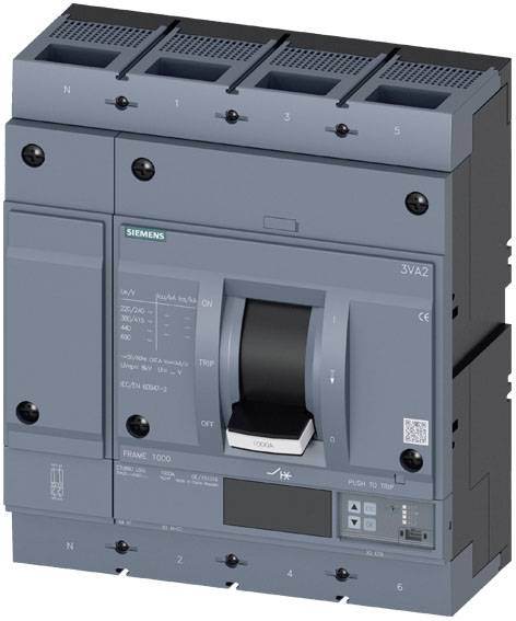 Ein grauer Leistungsschalter von Siemens mit Anzeigeleuchten und Schalter für Ein/Aus. Eingänge oben, Zahlen 1-6 sichtbar.