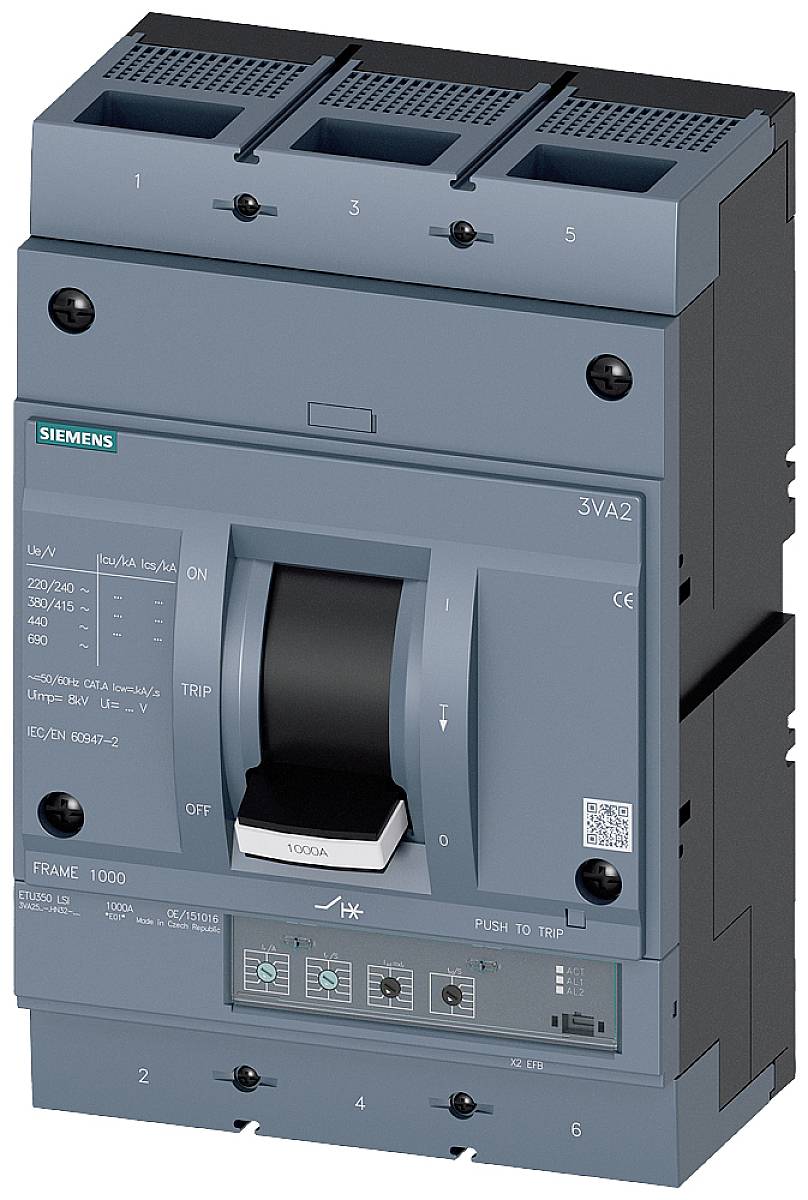 Stromschalter von Siemens mit blauer Oberfläche, Hebel in der Mitte, angebrachten Etiketten und mehreren Anschlussklemmen.