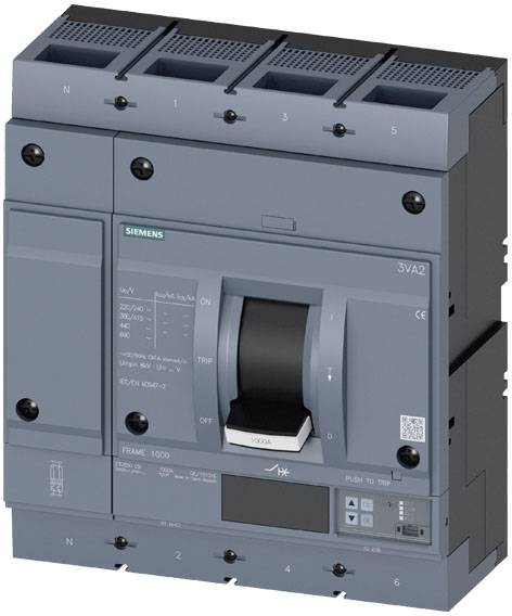 Ein grau-schwarzer Leistungsschalter von Siemens, Modell 3VA2, mit Kippschalter in der Mitte, umgeben von technischen Angaben.