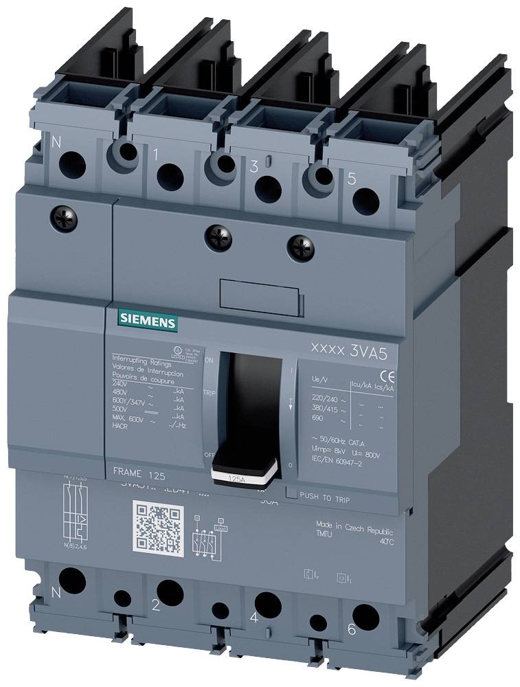 Leistungsschalter von Siemens mit vier schwarzen Schaltern, technische Details aufgedruckt. Hauptzweck: elektrischer Schutz.