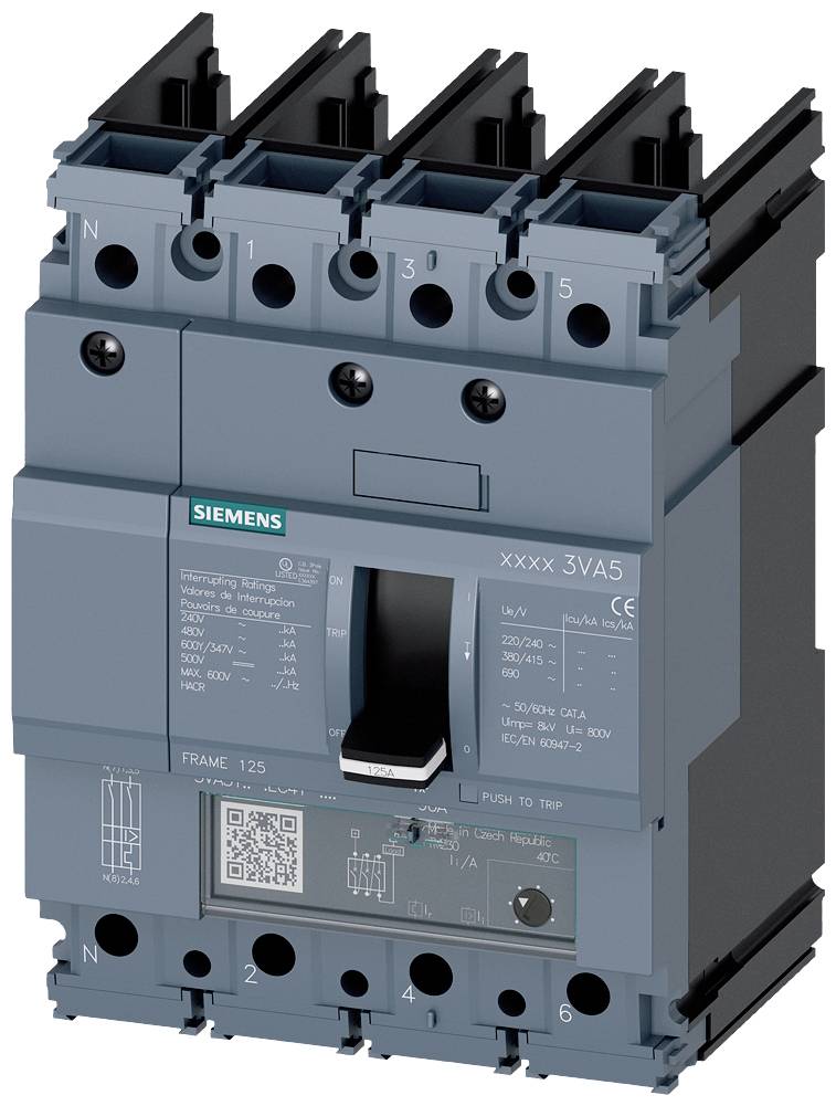 Ein elektrischer Leistungsschalter von Siemens mit Schalter und Anschlüssen, verwendet zur Steuerung und zum Schutz elektrischer Kreisläufe.