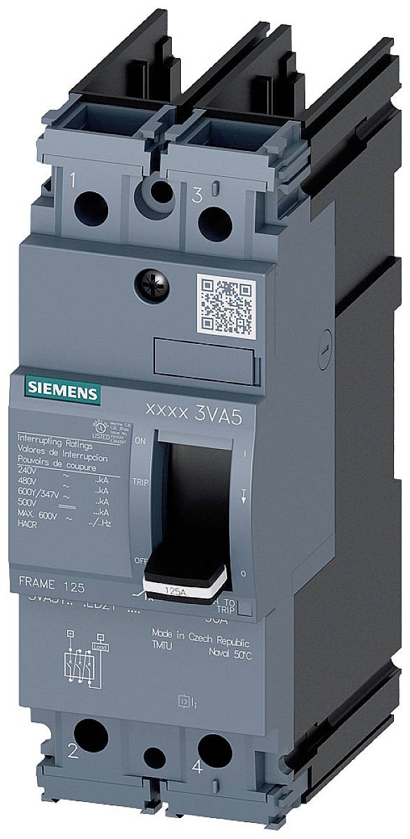 Siemens 3VA5 Leistungsschalter, grau, mit QR-Code, Schalterhebel in der Mitte, technische Details auf der Front.