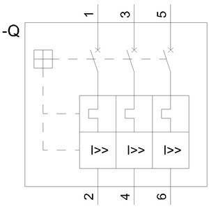 Schaltplan mit drei parallelen Schaltern, beschriftet '1', '3', '5' und '2', '4', '6'. Pfeile in jedem Schalter weisen nach rechts.