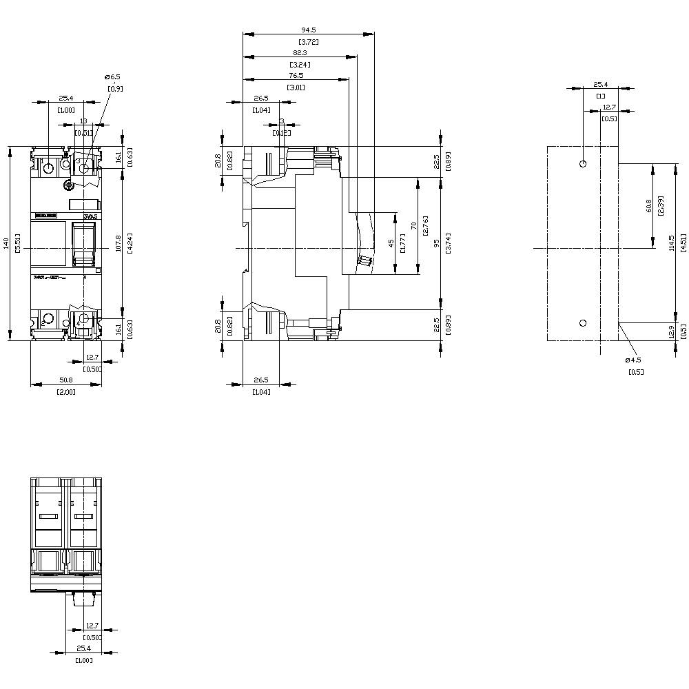 Technische Zeichnung eines elektrischen Bauteils mit detaillierten Abmessungen. Zeigt Vorder-, Seiten- und Draufsicht mit Maßangaben in Millimetern.