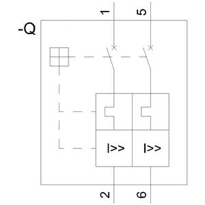 Schaltplan: Darstellung eines zweipoligen Schalters mit zwei parallelen Schaltkreisen, beschriftet mit '1', '2', '5', '6', '-Q'.
