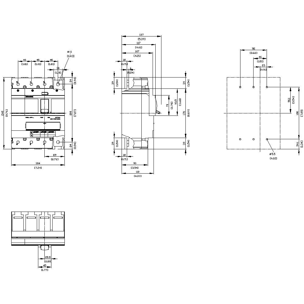 Technische Zeichnung eines Bauteils mit Maßen; Vorder-, Seiten- und Draufsicht. Details und Maße in Millimetern angegeben.