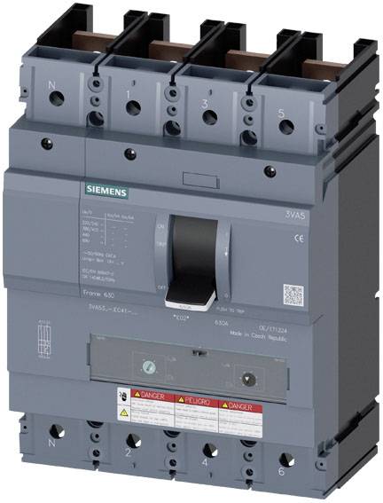 Ein grauer Leistungsschalter der Marke Siemens, Modell 3VA5, mit Warnaufkleber unten. Geeignet für industrielle Anwendungen.