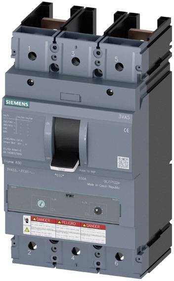 Ein grauer Siemens-Leistungsschalter mit sichtbaren Schaltern und Warnhinweisen in englischer Sprache, zur elektrischen Sicherung.