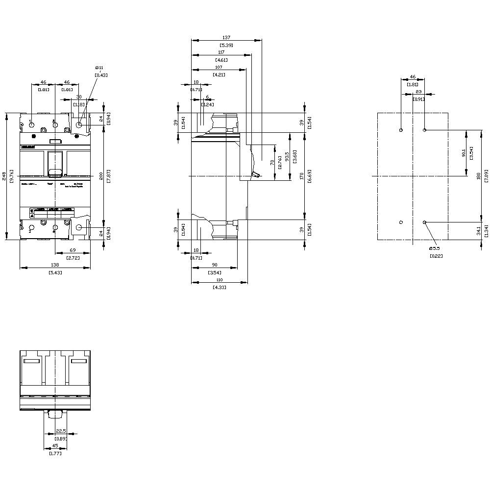 Technische Zeichnung eines Bauteils mit verschiedenen Ansichten und Abmessungen. Zeigt Vorder-, Seiten- und Draufsicht mit Maßangaben.