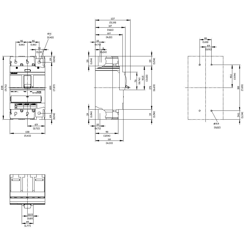 Technische Zeichnung zeigt Bauteil mit mehreren Ansichten und Bemaßungen. Inklusive Höhe, Breite und Positionen von Bohrlöchern.