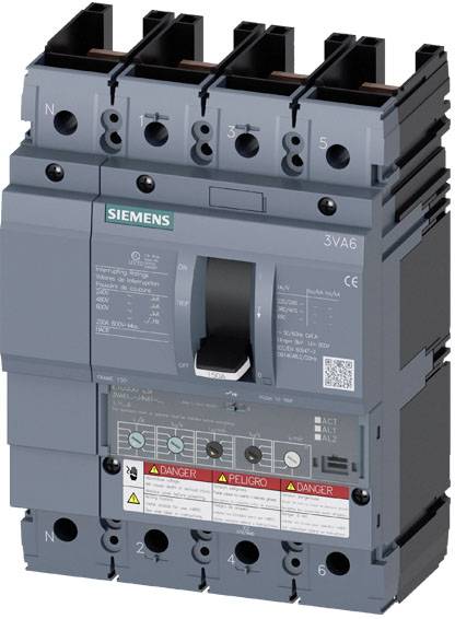 Grauer Siemens 3VA6 Leistungsschalter mit mehreren Anschlüssen und Schalter in der Mitte, Sicherheitswarnungen unten angezeigt.