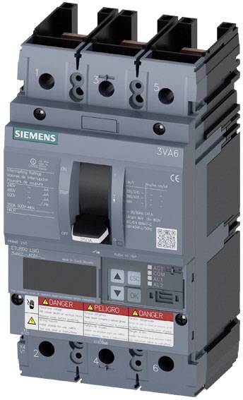 Industrieschalter von Siemens mit drei schwarzen Kippschaltern, Markenlogo und mehreren Warnhinweisen auf Gefahr.