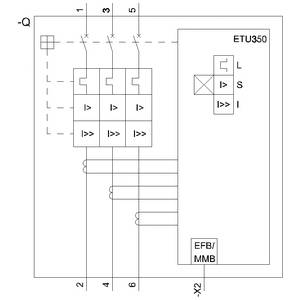 Schaltschema mit ETU350-Gerät. Zeigt Strompfade durch Schutzmodule mit Beschriftungen L, S, I, EFB/MMB. Verbindungspunkte mit x2 markiert.
