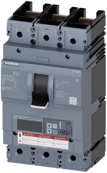 Leistungsschalter von Siemens, Modell 3VA6, mit fünf Anschlüssen und Sicherheitshinweisen. Hauptschalterposition in der Mitte.