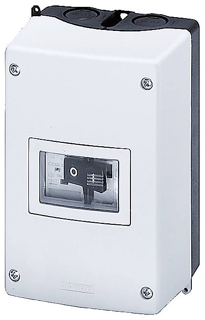 Elektrischer Schalter in rechteckigem weißen Gehäuse, vorne ein durchsichtiges Fenster, das den Schaltermechanismus zeigt.