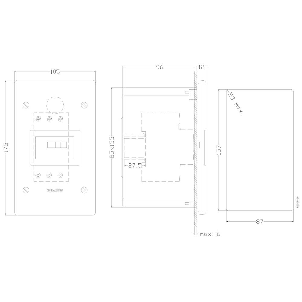 Technische Zeichnung eines Geräts mit Front-, Seiten- und Rückansicht. Maße in Millimetern: 175x105 vorne, 151x96 an der Seite, und 87 in der Tiefe.