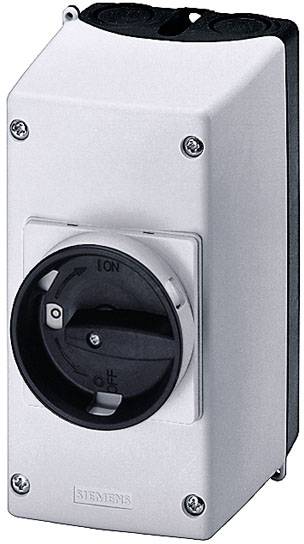 Schwarzer Siemens-Drehschalter auf silbernem Gehäuse, in der Position 'Aus'. Geeignet für industrielle Anwendungen.