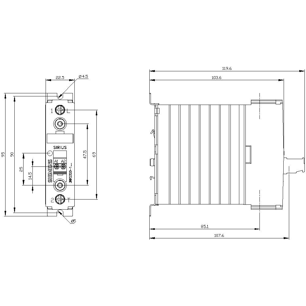 Das Bild zeigt technische Zeichnungen eines elektronischen Geräts mit detaillierten Maßangaben wie Breite, Höhe und Befestigungspunkte.