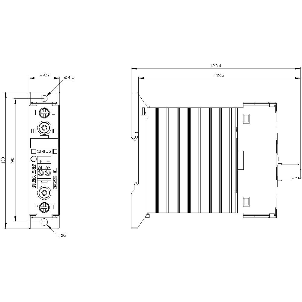 Elektrischer Schaltplan für ein Gerät mit Abmessungen, seitlicher Ansicht zeigt Höhe 100 mm, Breite 22,5 mm, tiefe 123,4 mm.