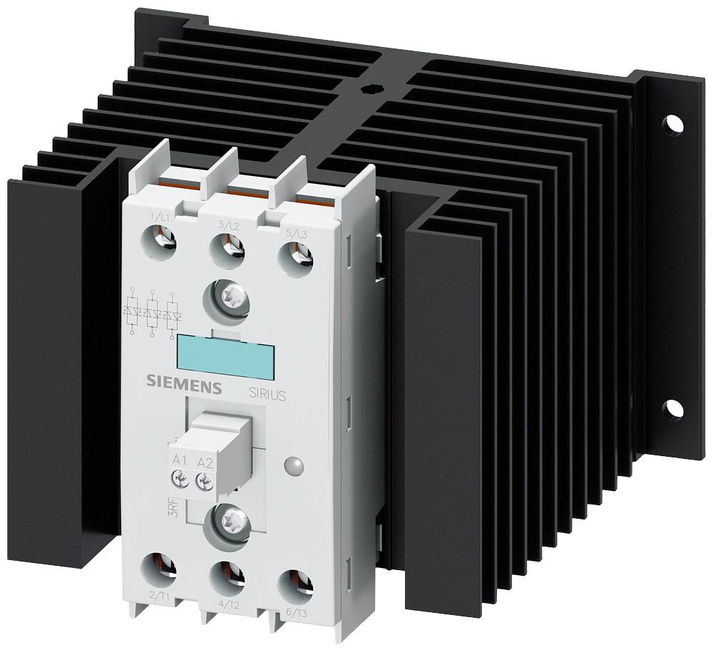 Industrie-Schaltgerät mit Kühlrippen, Siemens-Logo, Anschlüsse und Schalter sichtbar. Elektronik für Steuerungssysteme.
