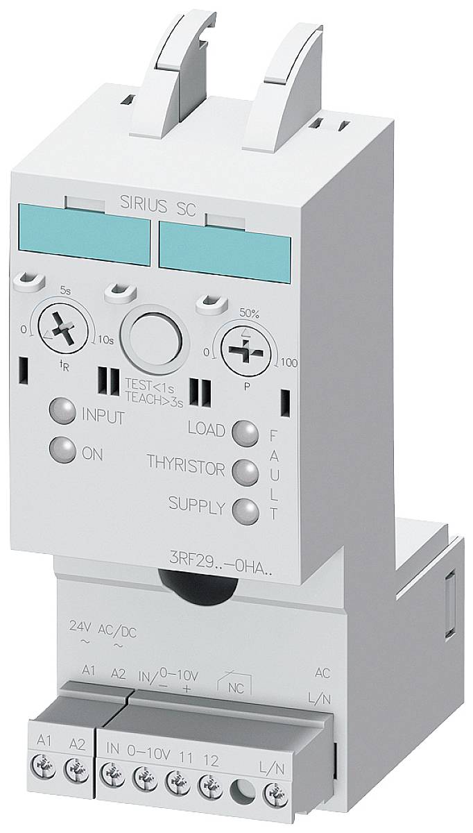 Ein elektronisches Gerät zur Steuerung elektrischer Lasten, mit Anschlüssen für Stromversorgung und Last, mehreren Einstellmöglichkeiten und Anzeigen.