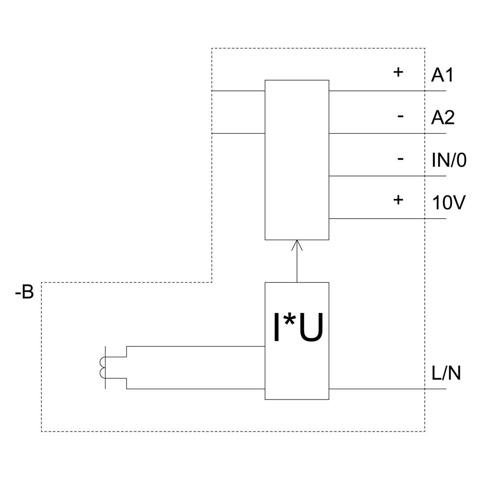 Schaltplan eines elektrischen Systems mit zwei Modulen. Oben: A1, A2, IN/0, +10V. Unten: I*U. Links: -B. Rechts: L/N.