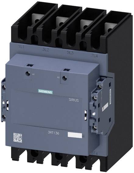Ein vierpoliger elektrischer Schütz von Siemens mit Modellnummer 3RT136, für industrielle Anwendungen, in einer Ansicht von schräg vorne.