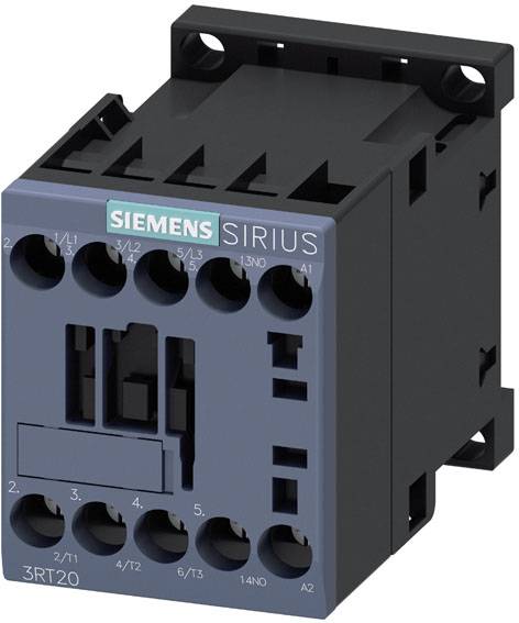 'Siemens Sirius 3RT20' Schütz, schwarzes Gehäuse mit blauer Front, enthält mehrere Anschlussklemmen zur Steuerung elektrischer Geräte.