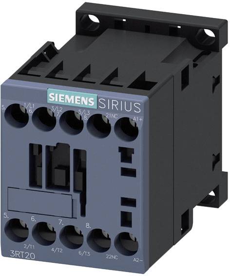 Ein Siemens Sirius Schütz, Modell 3RT20, zur Steuerung von elektrischen Motoren, auf schwarzem Gehäuse mit blauer Frontplatte.