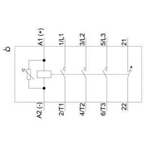 Schaltplan eines elektrischen Relais mit sechs Kontakten: A1 (+), A2 (-), 1/L1, 3/L2, 5/L3, 2/T1, 4/T2, 6/T3, 21 und 22.