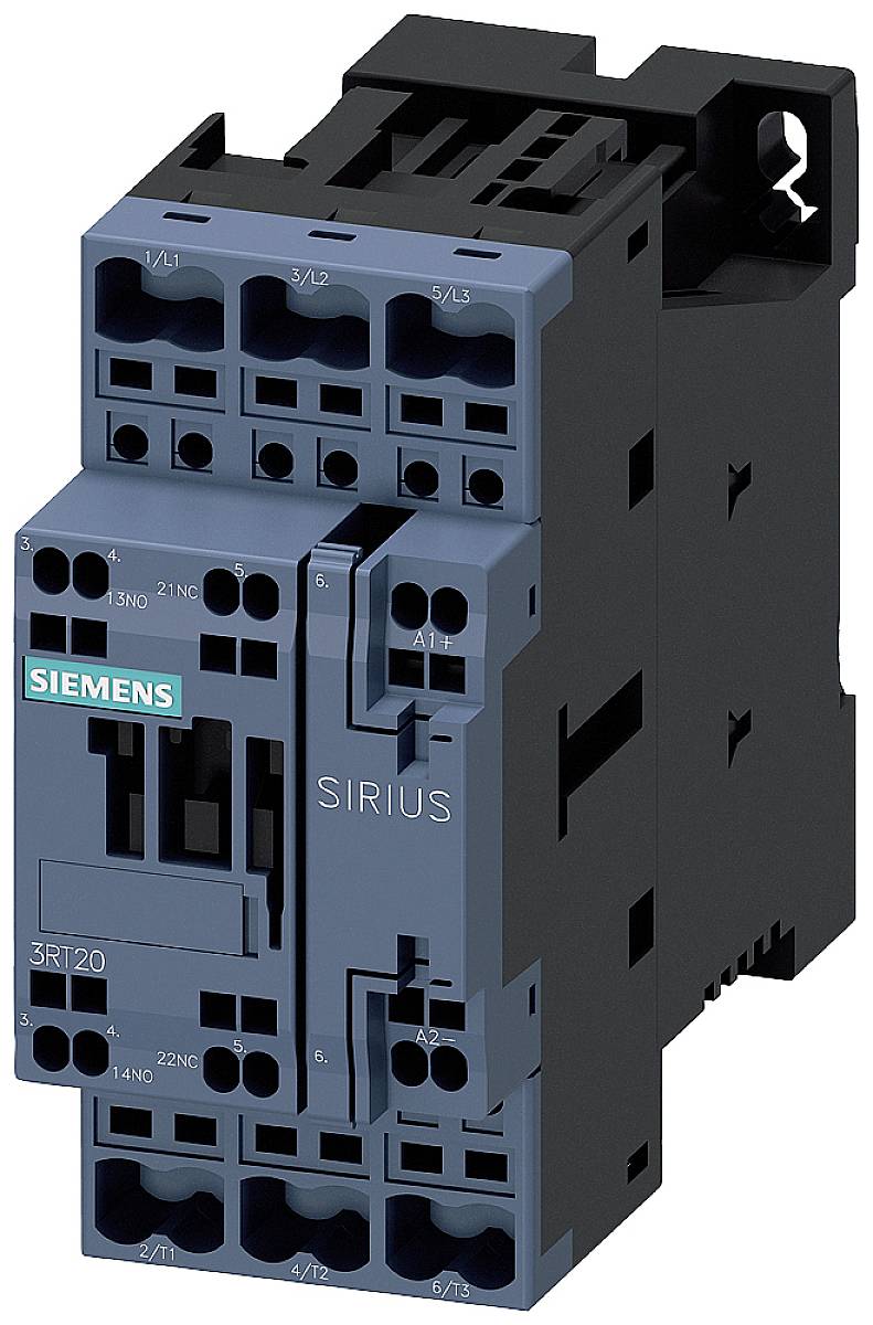 Ein Siemens Schütz der Baureihe Sirius 3RT, geeignet zum Schalten von Motoren in industriellen Anwendungen.