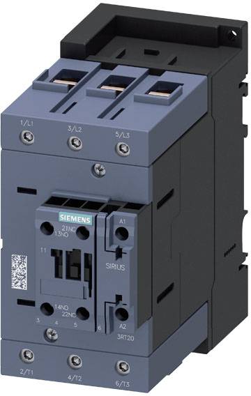 Ein blauer und schwarzer elektrischer Schütz von Siemens, Modell SIRIUS, mit mehreren Anschlussklemmen und einem QR-Code auf der Vorderseite.