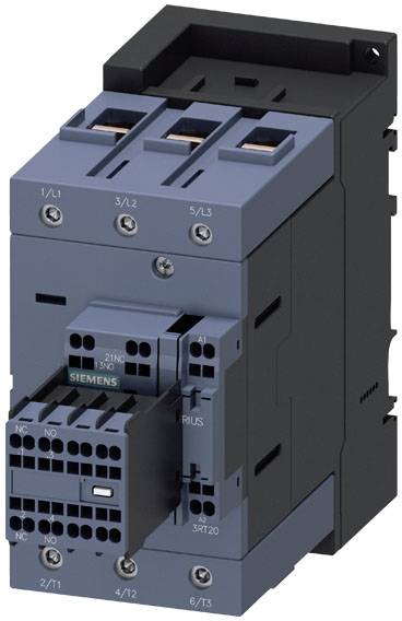 Ein schwarzer und blauer elektrischer Schütz von Siemens mit mehreren Anschlussklemmen und drei Hauptanschlüssen oben.