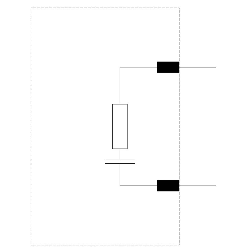 Elektrisches Schaltbild mit einem Widerstand in der Mitte, verbunden mit zwei parallelen Leitern und schwarzen Anschlüssen rechts.