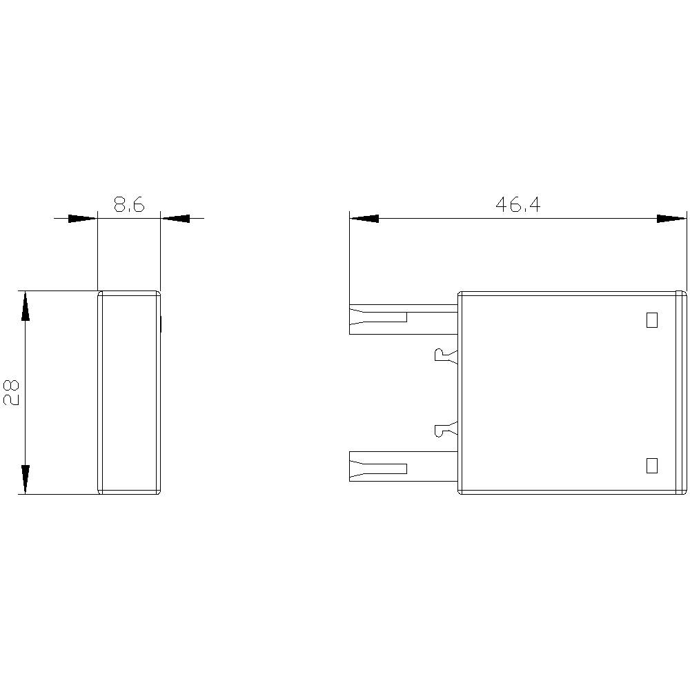 Technische Zeichnung eines rechteckigen Gehäuses mit Maßen 28x8,6x46,4 mm, seitliche und frontale Ansicht.