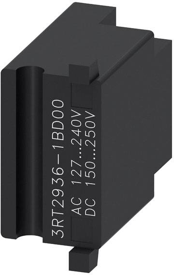Schwarzer elektrischer Bauteilblock mit der Aufschrift '3RT2936-1BD00 AC 127...240V DC 150...250V', vermutlich ein Schaltmodul.